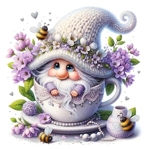 28 JPG Aquarelle nain lilas, nain de jardin, nain de fleurs, nain de printemps, nain d'été, clipart elfe, clipart printemps, clipart fantastique