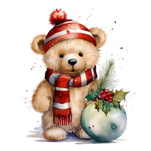 14 JPG Oso de Navidad, Imágenes prediseñadas de Navidad de acuarela, Paquete de Navidad, Animales de acuarela, Imágenes prediseñadas de invierno, Impresión de acuarela