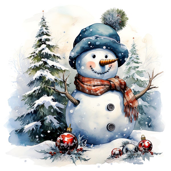 15 JPG snowman, Watercolour Christmas clipart, Watercolor print, Winter clipart, Snowman clipart, Digital paper
