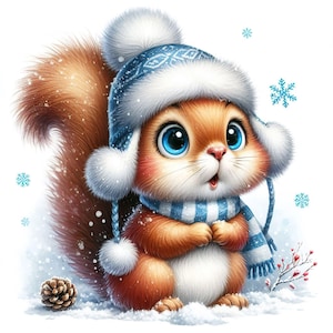 16 JPG Scoiattolo di Natale, Animali acquerello, Clipart di Natale acquerello, Animali del bosco, Clipart invernale, Stampa acquerello