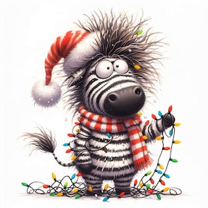 11 JPG Impressão de arte de zebra fofa de Natal, Ilustração de zebra festiva com chapéu de Papai Noel e luzes, Decoração divertida de animais de Natal, Presente para amantes de zebra