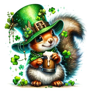 26 JPG Aquarelle écureuil de la Saint-Patrick, Aquarelle animal, Animal de la forêt, Impression de la Saint-Patrick, Créations artisanales pour la Saint-Patrick