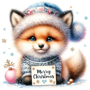 Renard de Noël 60 JPG, Aquarelle animaux, Aquarelle Noël clipart, Animaux de la forêt, Images hivernales, Impression aquarelle