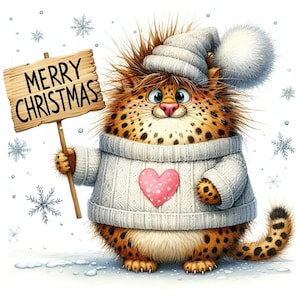 12 JPG Stampa artistica natalizia con simpatico leopardo, accogliente leopardo in maglione con scritta "Buon Natale", decorazione con animali festosi, regalo di Natale stravagante