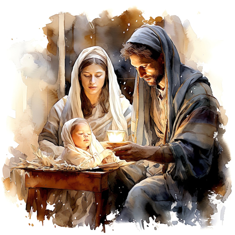 13 JPG belén, imágenes prediseñadas navideñas de acuarela, paquete de Navidad, imágenes prediseñadas de invierno, conjunto de natividad, tarjetas de Navidad imprimibles imagen 1