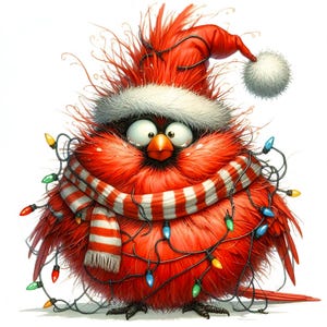 Impresión artística navideña de 13 JPG con un cardenal festivo: adorable pájaro rojo con gorro de Papá Noel y luces navideñas: decoración navideña caprichosa