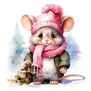 Souris de Noël 17 JPG, clipart Noël aquarelle, lot de Noël, animaux aquarelles, clipart hiver, invitation de Noël