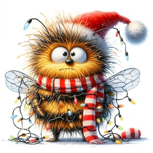 Impression d'art abeille de Noël 13 JPG, adorable abeille floue avec bonnet de Noel et lumières de Noël, art mural de Noël mignon, décoration d'hiver confortable pour la maison
