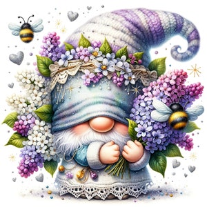26 JPG Gnomo lila acuarela, Gnomo de jardín, Gnomo de flores, Gnomo de primavera, Gnomo de verano, Imágenes prediseñadas de elfo, Imágenes prediseñadas de primavera, Imágenes prediseñadas de fantasía