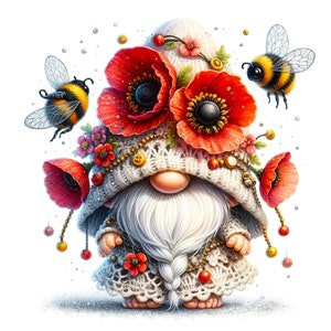 20 JPG Gnomo papavero acquerello, gnomo da giardino, gnomo primaverile, gnomo estivo, clipart elfo, clipart primaverile, clipart acquerello, clipart fantasy