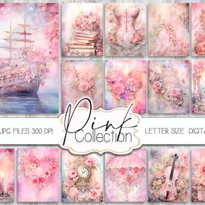 100 diario spazzatura digitale, kit diario spazzatura, carta rosa scrapbook, artigianato di San Valentino, sfondo digitale, forniture per diari, carta decoupage