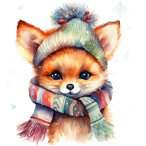 15 JPG Renard de Noël, Animaux à l'aquarelle, Images clipart de Noël aquarelle, Animaux de la forêt, Images clipart hiver, Impression aquarelle