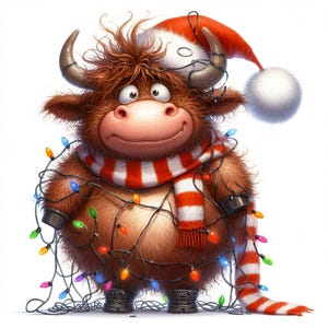 Impresión artística navideña de vaca de las Tierras Altas 12JPG, vaca festiva de las Tierras Altas con gorro de Papá Noel y luces navideñas, decoración acogedora de granja, regalo festivo caprichoso