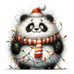 13JPG Impression d'art de Noël panda mignon, illustration de panda de vacances avec bonnet de Noel et lumières, décor animalier festif, cadeau de vacances fantaisiste
