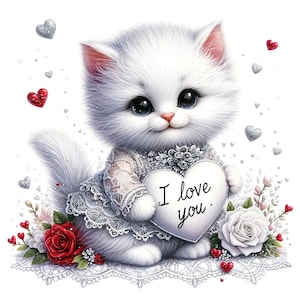 23 JPG Clipart di animali ad acquerello per San Valentino, Gatto bianco, Clipart di primavera, Clipart di animali, Clipart di San Valentino, Stampa di gatto, Stampabile di San Valentino