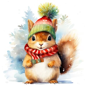 Écureuil de Noël 14 JPG, animaux aquarelles, clipart Noël aquarelle, animaux de la forêt, clipart hiver, impression aquarelle