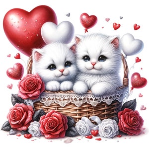 Image clipart animal Saint-Valentin 26 JPG aquarelle, chat blanc, clipart printemps, clipart animal, clipart Saint-Valentin, impression chat, imprimable Saint-Valentin