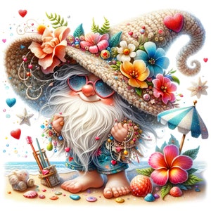 16 JPG Gnomo da spiaggia ad acquerello, Gnomo divertente, Gnomo estivo, Clipart elfo, Gnomo festivo, Clipart acquerello, Clipart fantasy