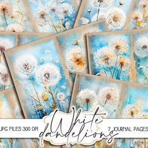 Dente di leone acquerello, diario spazzatura digitale, sfondo floreale, clipart di fiori selvatici, documenti digitali, kit scrapbook, carta decoupage