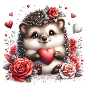 28 JPG Clipart di San Valentino animale acquerello, clipart carino riccio, clipart primaverile, clipart di San Valentino, animale del bosco, San Valentino stampabile