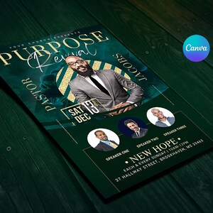 May include: A green and gold flyer for a church revival event called "Purpose Revival". The flyer features a photo of a pastor, the date "Sat 13 Dec", and the text "New Hope" with the church's address and service times.