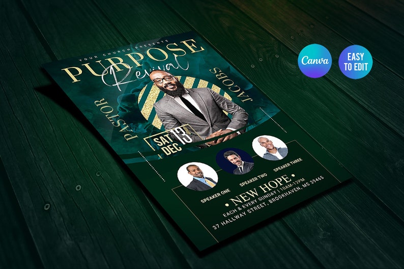 May include: A green and gold flyer for a church revival event called "Purpose Revival". The flyer features a photo of a pastor, the date "Sat 13 Dec", and the text "New Hope" with the church's address and service times.