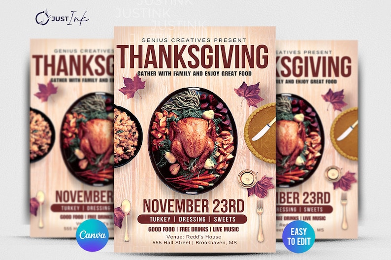 Thanksgiving Flyer Template | Premium DIY Canva Template Design for Thanksgiving, Charity, Food, Turkey Day, Church Giving image 1