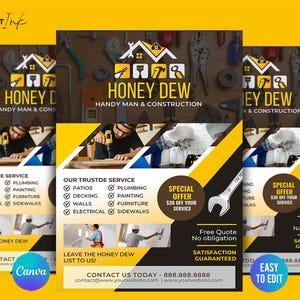 May include: Flyers for Honey Dew Handy Man & Construction, with a logo of a house and tools. The flyers have a yellow and black design, with text about services like patios, plumbing, and electrical work. Includes a special offer.