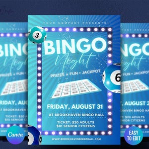 Szablon ulotki bingo | Premium DIY Canva Design na wieczór gier, zbiórkę funduszy na grę w bingo, wieczór kasynowy. fajna impreza
