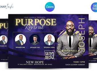 May include: Purple and gold flyer with the text "Your Church Presents Purpose Revival" and "Pastor Joseph Hall". The flyer also includes the date "Sat Dec 13" and the address "37 Hallway Street, Brookhaven, MS 39465".