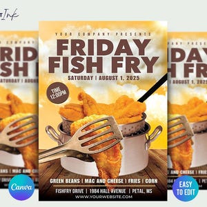 May include: Flyer for a Friday Fish Fry event. The design features fried fish in a metal pot with a spatula, set against a yellow and brown background. Text includes "Friday Fish Fry" and event details.