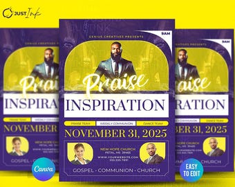 May include: Three purple and yellow flyers with the words "Praise" and "Inspiration". The flyers have images of people and the date "November 31, 2025". The flyers are for a church event.