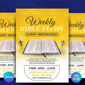 May include: A yellow and white flyer with a Bible open on a white cloud. The flyer advertises a weekly Bible study every Wednesday at 8pm to 11pm at 12125 Hallway Ave, Petal, MS 39465. The flyer includes the text "Weekly Bible Study" and "Every Wednesday".