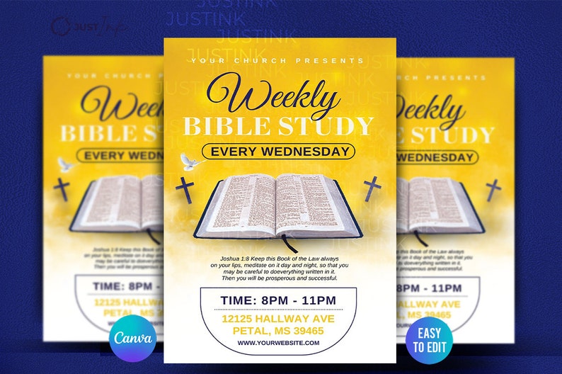 May include: A yellow and white flyer with a Bible open on a white cloud. The flyer advertises a weekly Bible study every Wednesday at 8pm to 11pm at 12125 Hallway Ave, Petal, MS 39465. The flyer includes the text "Weekly Bible Study" and "Every Wednesday".