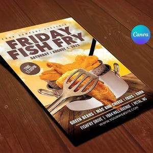 May include: A flyer for a Friday Fish Fry event. The flyer features fried fish, a spatula, and a pot. The text includes "Friday Fish Fry", the date, time, and a list of sides. The flyer is on a wooden surface.