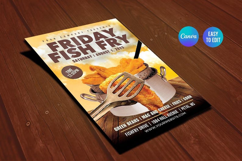May include: A flyer for a Friday Fish Fry event. The flyer features fried fish, a spatula, and a pot. The text includes "Friday Fish Fry", the date, time, and a list of sides. The flyer is on a wooden surface.