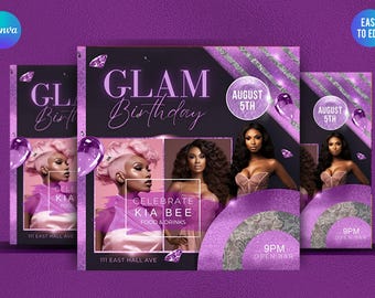 Glam Birthday Flyer Template | DIY  Canva Template design for Happy Birthday Celebration Bash, CEO, Club Flyer, Party Design, Digital
