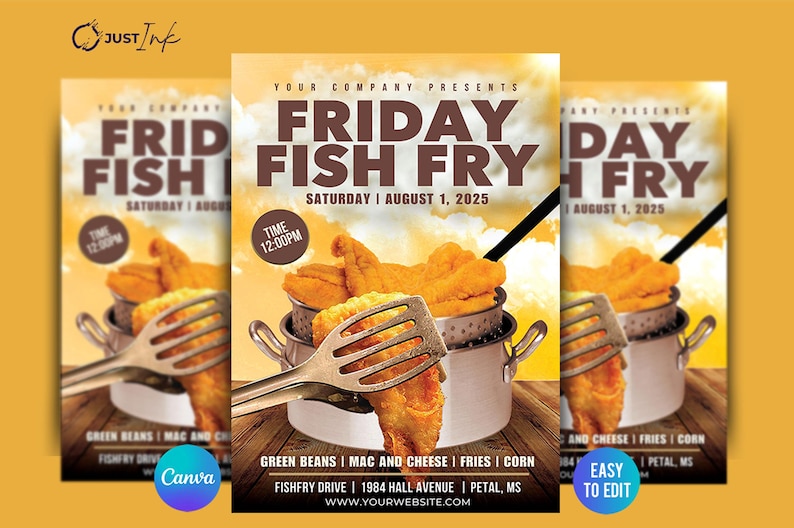 May include: A promotional flyer for a Friday Fish Fry event. The design features fried fish in a metal pot with a spatula, set against a yellow and brown background. Text includes the event name, date, and time.