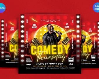 Puede incluir: Un folleto rojo para el evento Comedy Thursday con un hombre con un micrófono. El folleto anuncia una noche de comedia con la fecha, la hora y los nombres de los artistas. El texto "Comedy Thursday" es amarillo.