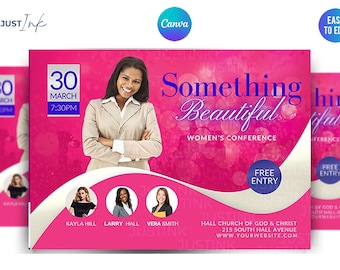 Könnte beinhalten: Ein rosa-weißer Flyer mit dem Text "Something Beautiful" in einer dekorativen Schriftart. Der Flyer wirbt für eine Frauenkonferenz am 30. März um 19:30 Uhr in der Hall Church of God & Christ. Der Flyer enthält auch die Adresse der Kirche und die Website-Adresse.