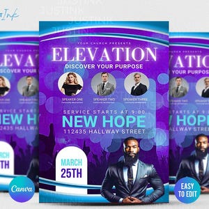以下が含まれることがあります： 紫と青のグラデーションの背景を持つプロモーションフライヤー。「Discover Your Purpose」というテキストで「Elevation」というイベントを宣伝しています。スピーカーのポートレートとイベントの詳細が特徴です。