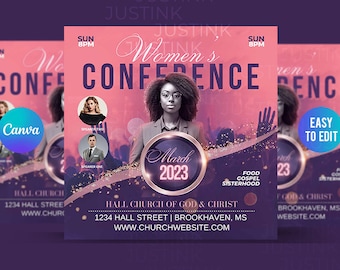 May include: A flyer for a Women's Conference at Hall Church of God & Christ. The flyer is purple and pink with a picture of a woman in the center. The text on the flyer says "Women's Conference" and "March 2023".