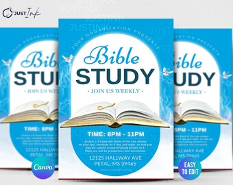 Editable Bible Study Flyer, DIY Canva Flyer Template Design, Sunday School Church Flyer, Weekly Bible Study and Prayer , Church Service,