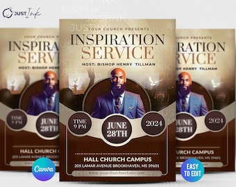 May include: A flyer for an Inspiration Service at Hall Church Campus on June 28th, 2024 at 9 PM. The flyer features a photo of Bishop Henry Tillman, the host of the service. The flyer is brown with gold accents.