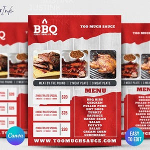 Plantilla de menú y volante para restaurante de barbacoa / Diseño de volante premium en Canva para hacer tú mismo, restaurante de barbacoa, barbacoa, promoción de comida