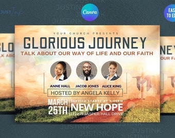 May include: A flyer for a church event called "Glorious Journey: Talk About Our Way of Life and Our Faith". The event is hosted by Angela Kelly and will take place on March 25th at 9:00 PM at New Hope, located at 112435 Jasper Hall Drive.