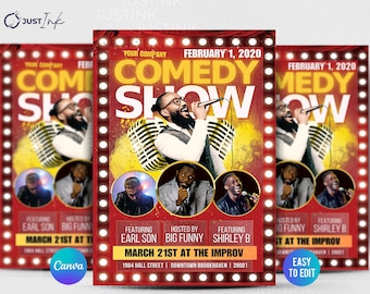 Folleto de Canva DIY de espectáculo de comedia / Diseño de plantilla de volante de Canva DIY premium, espectáculo de comedia, folleto de comediante, folleto de comedia stand-up
