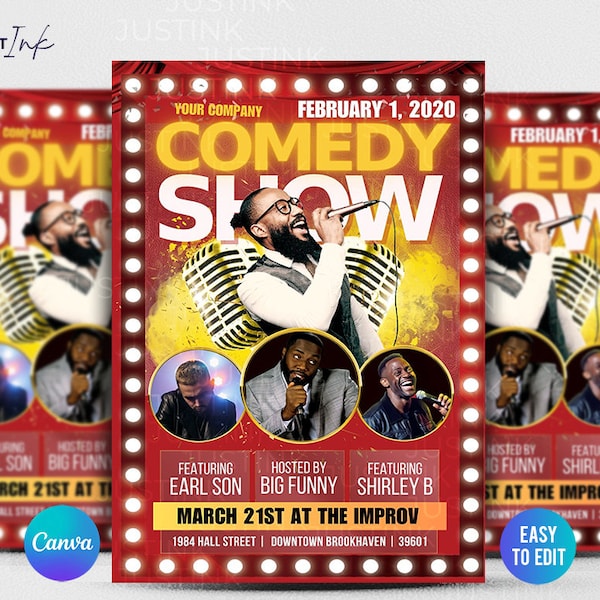 Comedy Show DIY Canva Flyer | Premium DIY Canva Flyer Template Design, Comedy Show, Comedian flyer, Standup Comedy Flyer