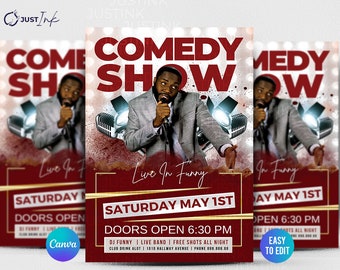 Puede incluir: Un cartel promocional para un espectáculo de comedia. El diseño presenta a un hombre con traje sosteniendo un micrófono, con las palabras "COMEDY SHOW" en letras rojas grandes. Texto adicional incluye "Live In Funny" y "SATURDAY MAY 1ST".