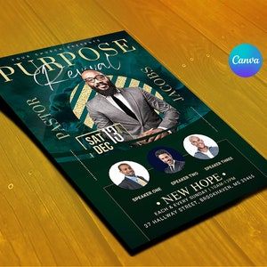 May include: A green and gold flyer with the text "PURPOSE Revival" and a picture of a man in a suit. The flyer also includes the text "PASTOR JACOBS" and "SAT 13 DEC".